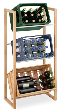 Relaxdays Scaffale Porta Casse Acqua, 112x58x32 cm, Scaffalatura 3 Cassette Bevande, Legno Naturale e Ferro, Argentato