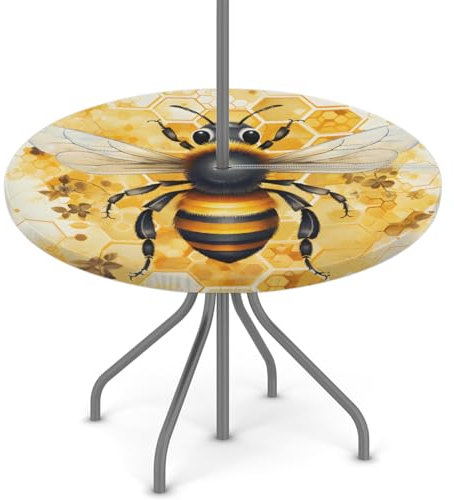 Woltant Tovaglia rotonda con foro per ombrellone e cerniera, facile da pulire, con bordi elastici, protezione per tavolo da esterno, per giardino, patio, barbecue (miele d'ape)