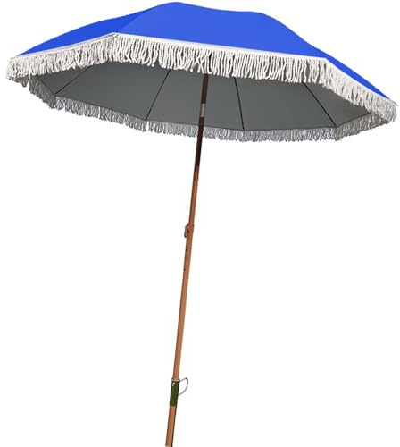 Ombrellone da giardino con nappe, ombrellone da spiaggia portatile con nappe, ombrellone da giardino for esterni, palo in legno inclinabile, stecche in fibra di vetro, adatto for giardino e piscina
