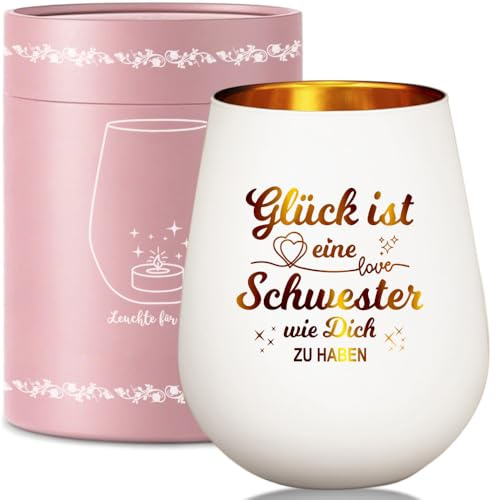 Windlicht Glas mit Geschenkbox für Schwester Sister Cousine Freundin, Teelichthalter mit Gravur Spruch Beste Schwester Geschenke, Danke Geschenk zum Geburtstag