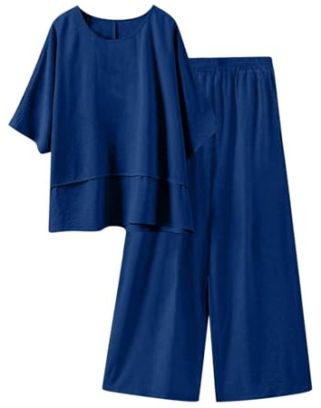 Conjunto Mujer Vestir Dos Piezas Rebajas,2 Piezas Talla Grande Conjunto de Verano Otoño Algodón y Lino Camiseta de Manga 3/4 y Pantalones Ancho Suelto Oficina Casual Traje Color Sólido Cómodo Set