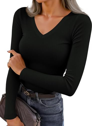 Fisoew Maglietta a Maniche Lunghe da Donna Top Sexy con Scollo a V Maniche Lunghe Magliette a Costine Tinta Unita Top Slim Fit, Nero, XL