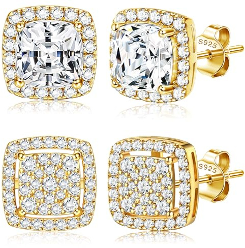 Dochais 2 Pares de Pendientes de Plata 925 Bañados en Oro 14K para Hombre y Mujer, Circonitas Cúbicas Redondas y Cuadradas Imitación Diamante, Iced Out, Hipoalergénicos