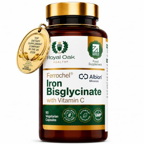Royal Oak Health Ferrochel® Chelated Iron Bisglycinate 20mg with Vitamin C | 90 Capsules | 3 Month Supply | Gentle on Stomach, High Absorption, Enhanced Bioavailability Iron | Made in Britain
