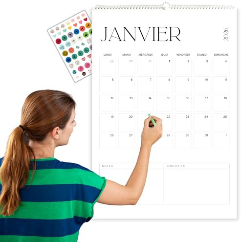 Winund Calendrier 2026 mural grand format (43x62 cm) – Nov 2025 à Déc 2026, calendrier mensuel 14 mois, design minimaliste noir et blanc, avec autocollants et 1 poster annuel 12 mois