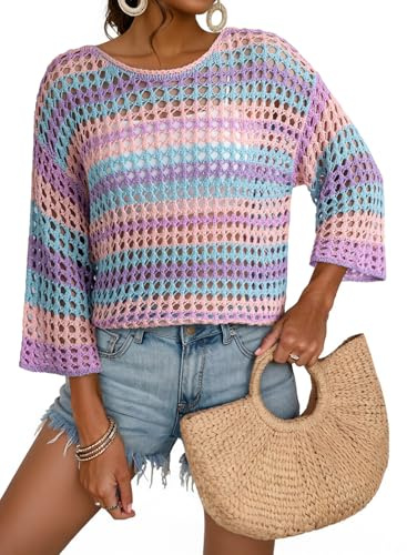 Dokotoo Womens Summer Tops 2026 3/4 Sleeve Crochet Knit Pullover Sweaters Hollow Out Color Block Striped Ladies Blouses Casual Elegant Boho Cute Lightweight Soft Shirts Beach Coverup Purple Medium