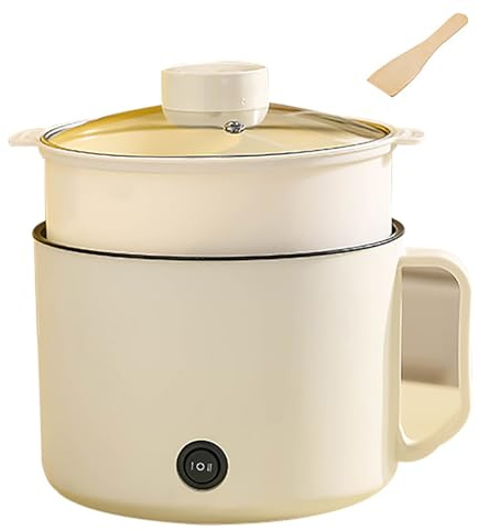 Beige - Pentola elettrica da 1,8 litri (con cestello per cottura a vapore), mini pentola elettrica antiaderente a doppia alimentazione, pentola multifunzionale per cuocere pasta, noodles, uova