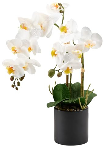 Pmyra 17 White Fake Orchid Flowers with Black Ceramic Pot,Real Touch Orchids Artificial Flowers Potted Plant,Faux Orchid Phalaenopsis Flowers for Bathroom Office Home Decor Wedding Table Centerpiece