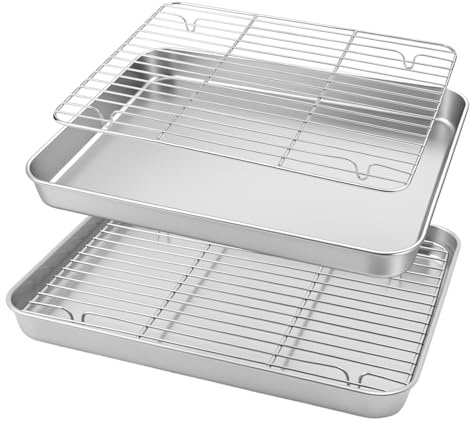 LQOZYYUL 2 Pack Oven Tray with Rack, 28 x 23.5 x 2.5cm Wire Rack | Stainless Steel Baking Tray Cooling Rack, Non-Stick Cookie Pan Baking Sheet for Oven Cooking