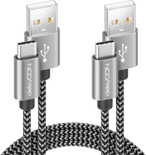 deleyCON USB-C Kabel i SET (2 Styck à 0,5m) 50cm Kort Nylon Laddkabel Datakabel USB Typ C Metallkontakter Ladda & Synkronisera Mobil & Smartphone