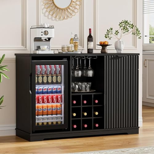 Aauro Home Kaffeebar-Schrank mit integriertem Kühlschrank, geriffelter Weinschrank mit Weinregal & Gläserhalter, Buffet Sideboard mit Spirituosenschrank, Schublade & Stauraum, Hausbar, Schwarz