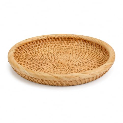 Domefahaso 18,5 cm Plateau Rond Effet rotin Rangement entrée Chambre | Plateau tressé polyvalent comme corbeille à pain ou vide-poche, pratique pour l’entrée et la chambre.
