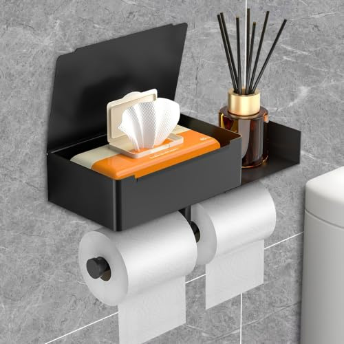 MAILLARD Portarrollos de papel higiénico sin taladrar, con dos soportes para rollo de papel, caja de pañuelos con estante, adecuado para baño, cocina, negro