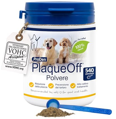 ProDen PlaqueOff - Poudre Dentaire pour Chiens, Anti-Tartre, Réduit la Plaque Dentaire et la Mauvaise Haleine, 100% à Base d’Algue Naturelle, Hypoallergénique, Résultats Cliniquement Prouvés - 180 g