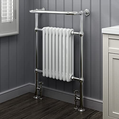 iBathUK Ascot Traditional Vertical Heated Towel Rail Radiator with Angled Valve Pair, 4 Column Chrome Steel Bathroom Towel Radiator, Wall Mounted with Floor Standing Look, 952 x 479mm