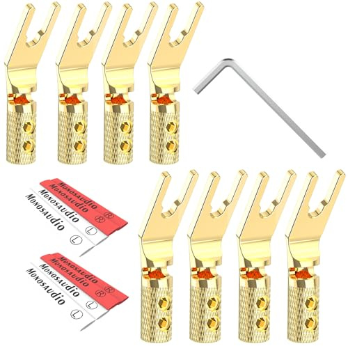 Monosaudio 8 Stück Lautsprecher Gabelstecker SY1508G Vergoldetes Reinkupfer, Doppelschraubverriegelung, passend für Kabel von 8–20 AWG (bis 4 mm²), Spade Connector für Lautsprecherkabel und Verstärker