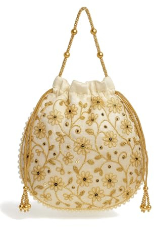 Embroidered Indian Ethnic Potli Bag for Women. Traditional, Handmade, Perfect for Weddings and Other Special Occasions (Gold)