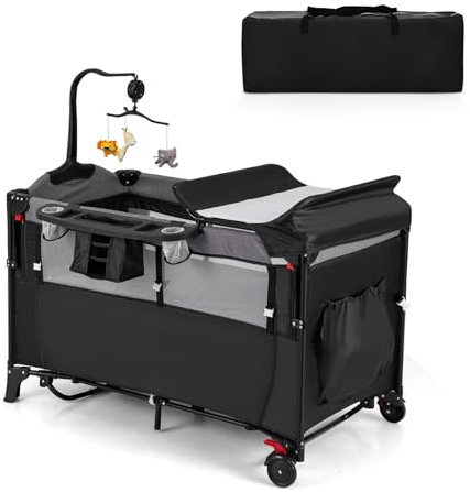 LIFEZEAL Cuna Cama para Bebé con Colchón, Cama Plegable para Bebé con Cambiador y Juguetes, Cuna de Viaje de Tejido Oxford con 2 Niveles, Altura Ajustable (Negro.)
