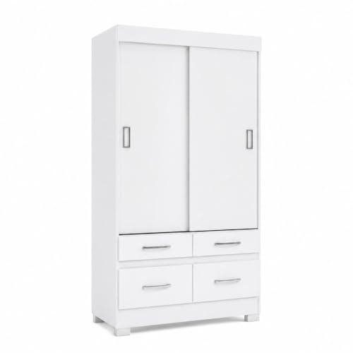 Befara Armadio A Ante SCORREVOLI E 4 CASSETTI Elias, Bianco, Armadio a Ante scorrevoli Bianco con Quattro cassetti, Asta Appendiabiti e Ripiani