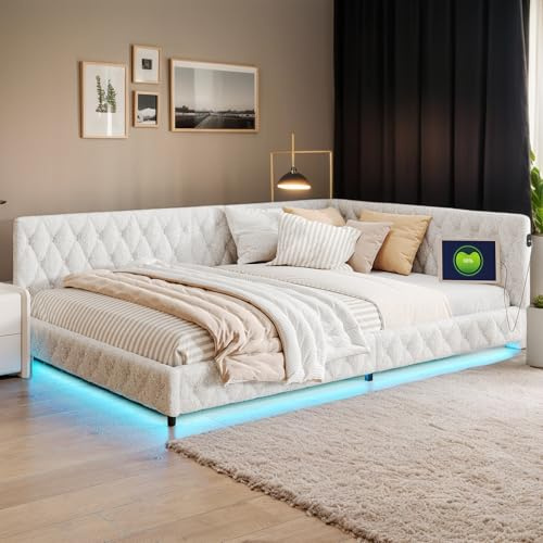 KEFSR 140 x 200 cm teddy sammet L hörn dagbädd ram med 2 sidobord, mysig stoppad bäddsoffa med LED-ljus, plattformssäng med trälamellstöd (beige)
