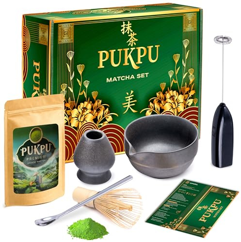 PUKPU Set Matcha Premium – Coffret Cérémonial Japonais avec Thé en Poudre, Fouet Électrique, Fouet Bambou Chasen, Cuillère Chashaku, Bol Matcha & Accessoires Inox – Kit Cadeau Élégant Amateurs de Thé