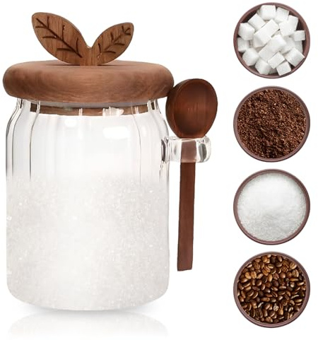 Sugar Bowl with Lid and Spoon, 20 oz Airtight Glass Brown Sugar Food Jars & Canisters, Coffee Container | Spice, Peper, Cereal, Tea, Spice Storage Jar | Modern Decorative Dispenser with Spoon (One)