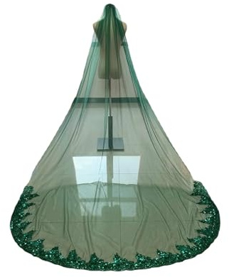 NihaoWXM Stola für Abendkleid 1 Schicht 3 Meter lange Brautschleier Bling Pailletten grüne Spitze weicher Tüll mit Kamm