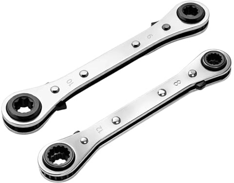 2PCS Ratchet Wrench Set, Squad Spanner with 4 Sizes 6-8-10-12, 9-10-11-12mm, Service Wrench Tools, Double Head 16-Teeth Air Conditioner, Radiator Ratchet Spanner for Refrigeration Equipment Repair