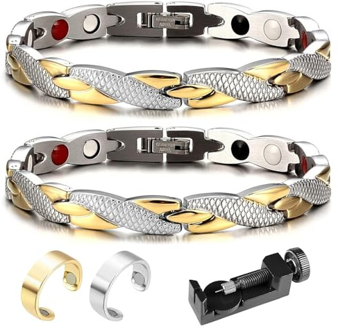 Pulsera magnética, 2 unidades de elegante terapia magnética con 2 anillos magnéticos Fit Plus, pulseras antifatiga y adelgazamiento, anillo de drenaje linfático, adelgazamiento, mejora la circulación