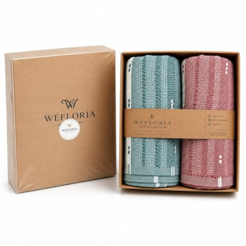 WEFLORIA Turkish Towel Gift Set, 2 Pack, Gift Box, 100% Turkish Cotton Peshtemal Towels, Quick Dry Lightweight Beach, Spa, Travel & Bath Towels, 180 x 100 cm