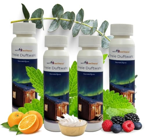 Saunaaufguss Set 4 x 125 ml von well2wellness® - freie Wahl aus über 60 Saunadüften + gratis 10g Mentholkristalle