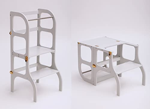 Ette Tete STEP'n'SIT® • Wandelbare Montessori Lernturm + Tisch, 2 in 1 (mit goldenen Verschlüssen, Grau)