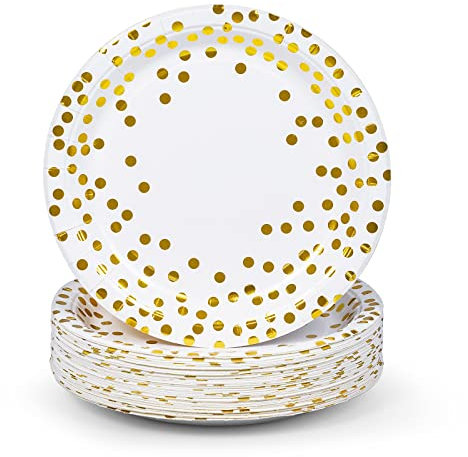 MATICAN Party Paper Plates, 50-Pack Disposable White and Gold Plates, Foil Polka Dots, 9-Inch