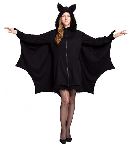 Spooktacular Creations - Fledermaus Kostüm Damen Bat Flügel, Schwarz Reißverschluss Hoodie, Halloween Kostüm für Erwachsene (Large, Black)