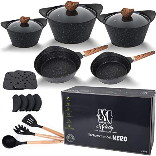 Melody Topf-Set Pfannen-Set Aluguss Töpfe Topfset induktionsgeeignet Antihaft #3022 (19-teiliges Set, Nero-Black)