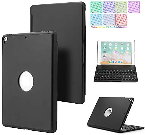 QYiD Funda con Teclado para 9.7 iPad 2018 (6ª Gen) - 2017 (5ª Gen) - iPad Pro 9.7 - iPad Air 2 & 1, 7 Colores Retroiluminación Teclado Bluetooth 360 giratoria Aluminio Funda, Auto Sleep/Wake, Negro