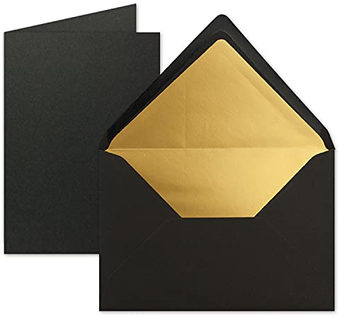 FarbenFroh by GUSTAV NEUSER 25 Sets - Faltkarten DIN A5 - Schwarz mit Umschläge DIN C5 mit Gold Metallic Futter - 14,8 x 21 cm