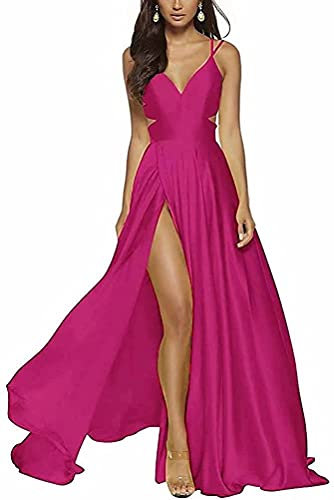 Vestito da promenade di N/C per le donne alto Split lungo abito di sfera formale del raso di sera, Fucsia, 24 EU