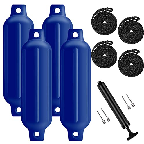 Turmaster Boat Fenders 4 Pack 4.5'' x16'', Ribbed Twin Eyes Boat Fenders Bumpers for Docking, Inflatable Marine Boat Bumper with 4 Ropes, 4 Needles and 1 Pump，Blue