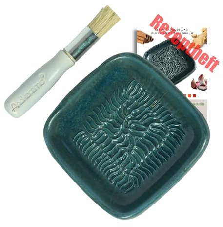 ANCKERAMIC® Ceramico - Juego de platos de rallado y brocha para hornear con cerdas naturales, para ajo, jengibre, nuez moscada, hecho a mano (cadete y lila)