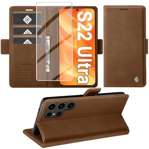 Giyer Handyhülle für Samsung Galaxy S22 Ultra 5G Hülle mit Schutzfolie, Standfunktion Kartenfach Wallet Premium Leder Schutzhülle S22 Ultra Flip Case Cover Stoßfeste Klapphülle 6,8 Zoll…