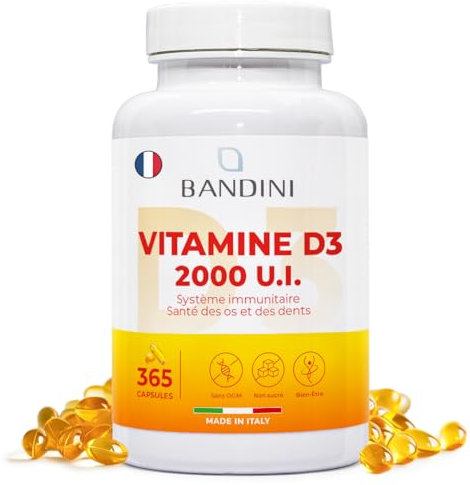 Bandini® Vitamina D3 2000 UI 365 Softgels, Alto Dosaggio 50μg, Vitamine D Colecalciferolo in perle, In Olio Extravergine di Oliva per Assorbimento Ottimale, Ossa, Denti, Muscoli, Sistema immunitario