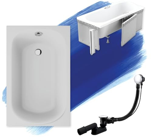 BADLAND Badewanne Original Weiß Acryl Wanne Rechteck MINI 100x65 KOMPLETTSET SET mit Premium Styroporverkleidung + Füßen und Exklusive Chrom Automatik Ablaufgarnitur Made in EU 4in1