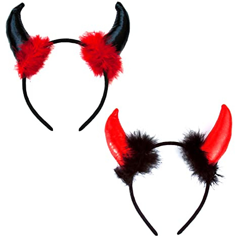 Oblique Unique® Teufel Haarreifen Set 2x Haarreif mit Teufelshörnern Hörner Ohren für Halloween Fasching Karneval Teufel Kostüm Accessoires Schwarz Rot