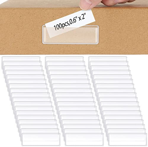 Jeyiour 100 Pcs Label Holders Adhesive Nameplate Pockets Storage Bin Labels Index Card Holder Shelf Plastic Peel Stick for Classroom Supermarket Bookshelf Library Student Box Drawer (2 x 0.6 Inch)