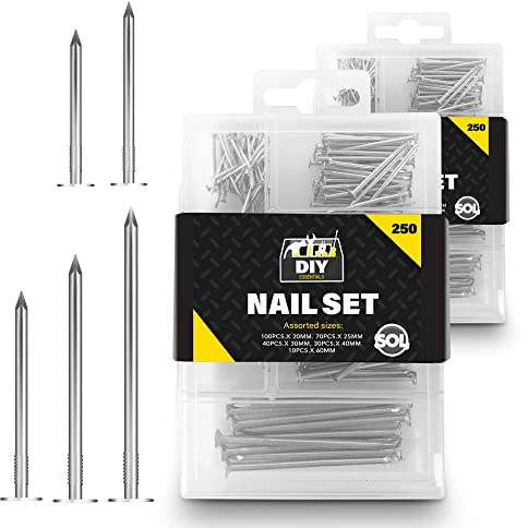 SOL 500pk Picture Hanging Nail Set - Assorted Sizes 20mm to 60mm | Iron nails for walls and brickwork, storage box included, for DIY and decor