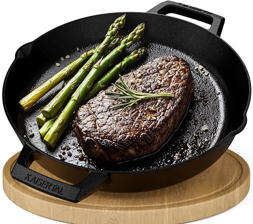 Kaisertal - Sartén de hierro fundido (incluye cepillo de limpieza, sartén de hierro fundido de 30 cm, apta para inducción, precocida y apta para horno). Incluye libro de recetas, PFANNE-RUND-30CM