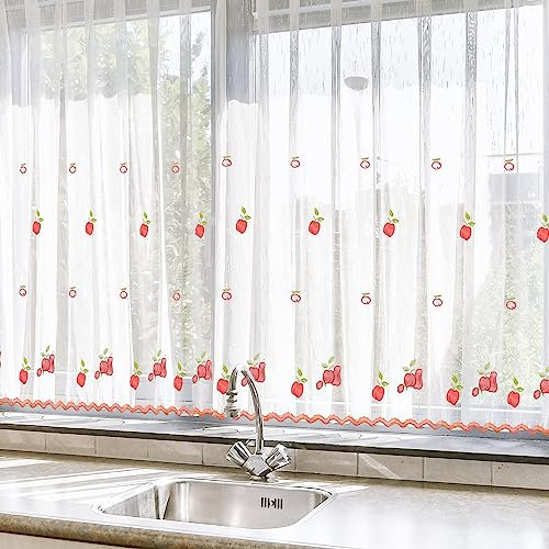 HOMEYA - Cortina Cocina Translúcida 100x140cm - Visillo Transparente Estampado para Ventana, Marco de puerta - 2 Unidades