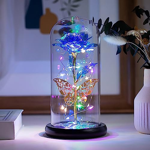 Mother's Day Rose Flower Gift Galaxy Rose Flower for Mom Wife Girlfriend Grandma Anniversary Birthday Gift Glass Dome Artificial Rainbow Rose LED Light Strip Butterfly Crystal Flower（Blue）