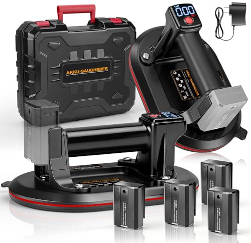 Akku Saugheber, 24 cm Elektrische Saugheber Fliesen, 260KG Tragkraft | Plattenheber Vakuumheber mit 4x 3000mAh Akkus, LCD-Display, Fliesenheber Saugheber Glas für Fliesen, Glas, Marmor, 2er Set